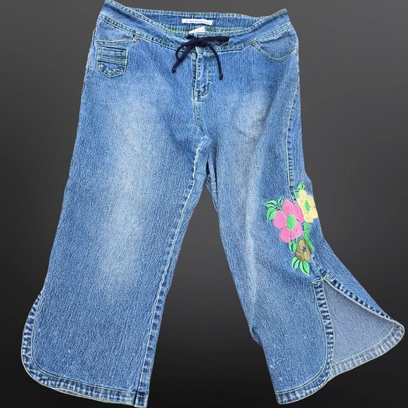 Vintage 90s Y2K Denim Capri Pants Jeans Embroidered Flowers Size 11 Fairy Boho - Picture 2 of 8